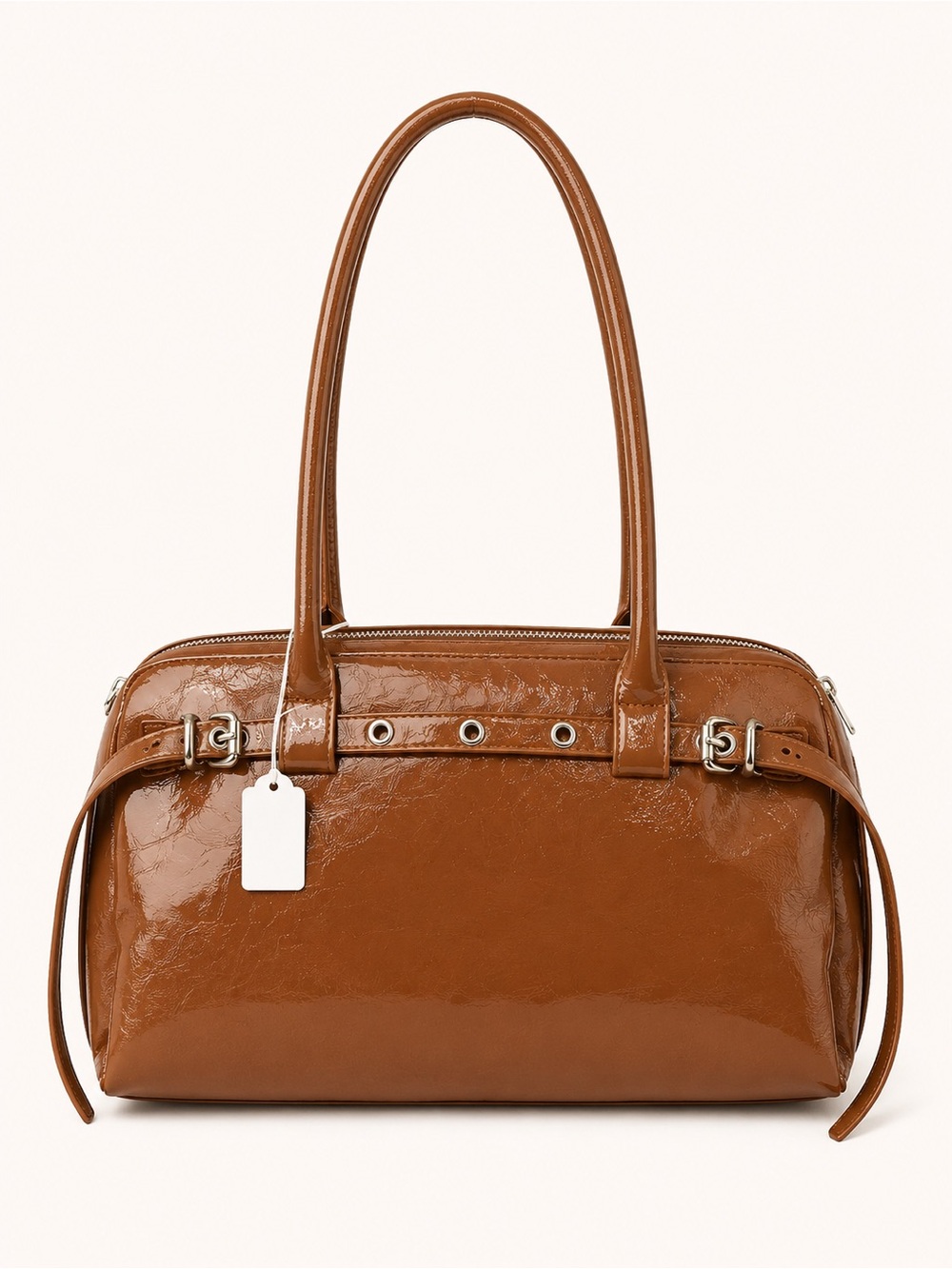 Glossy Cognac Patent Shoulder Bag with Buckle Trim